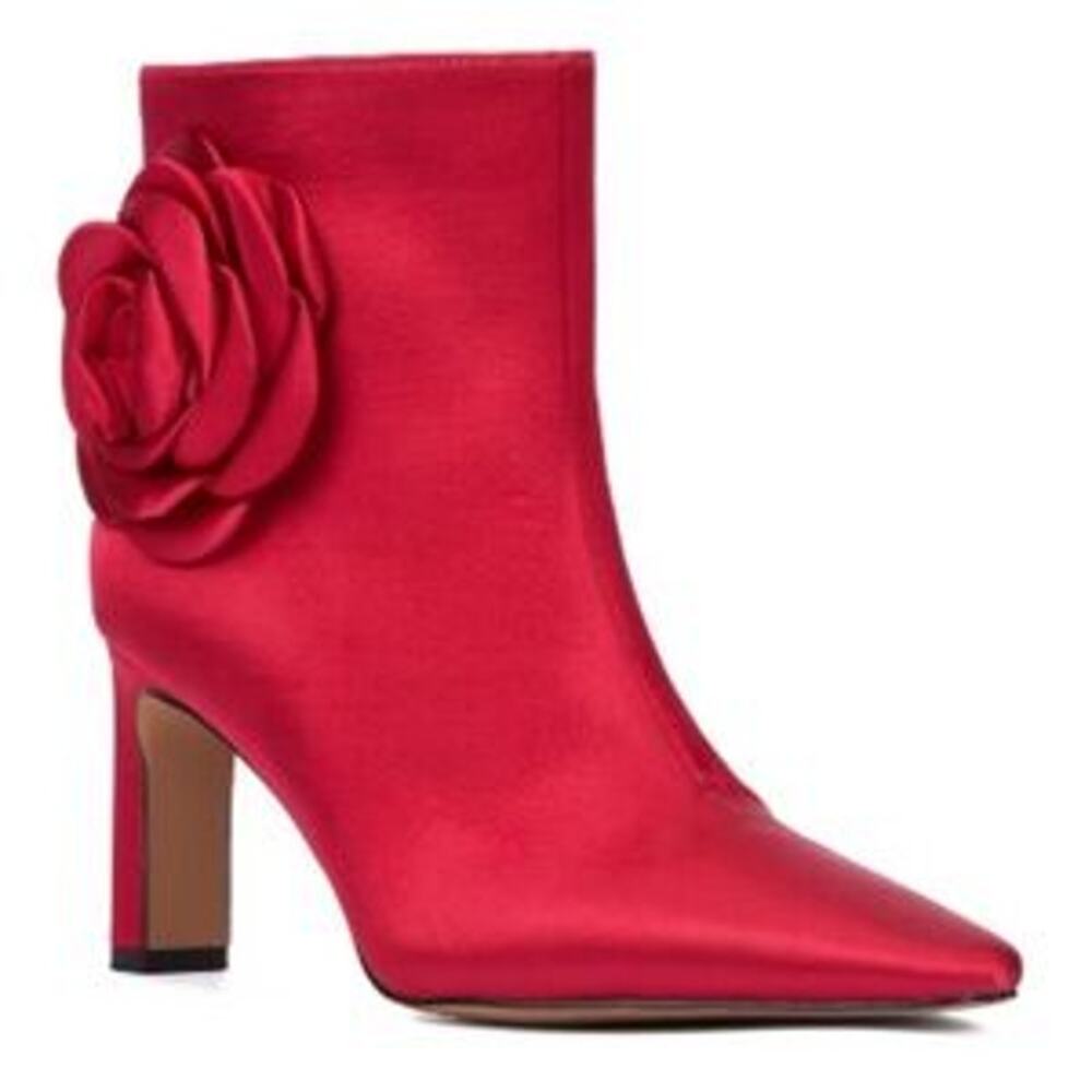 Red Satin Rosette Ankle Boots Pointed Toe Stiletto Sz 8.5